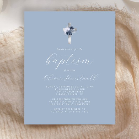 Budget Stof Blauw Zilver Bloemkruis Jongens Doopfe