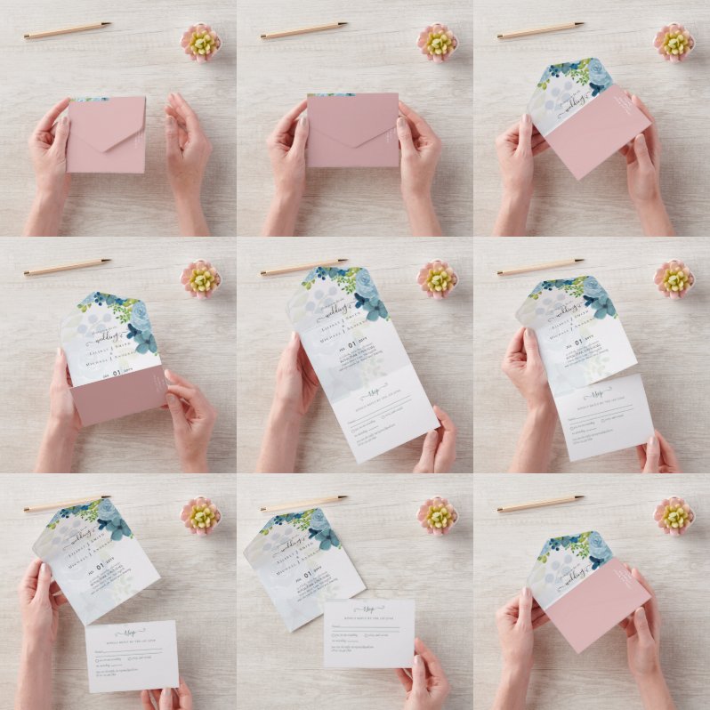 Budget Stof Blauwe Bloemen Salie Bruiloft All In One Uitnodiging