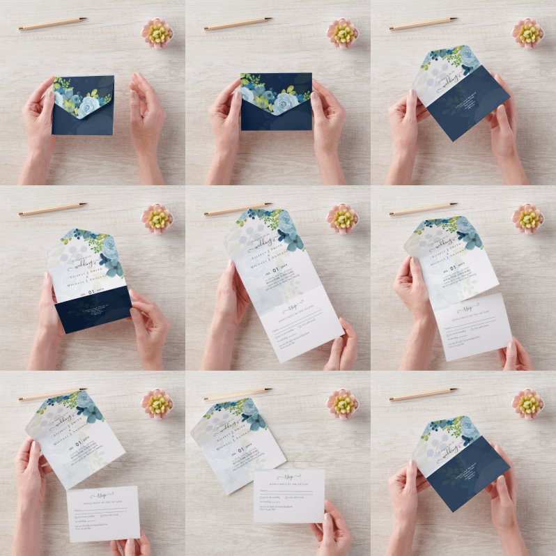 Budget Stof Blauwe Bloemen Salie Bruiloft All In One Uitnodiging