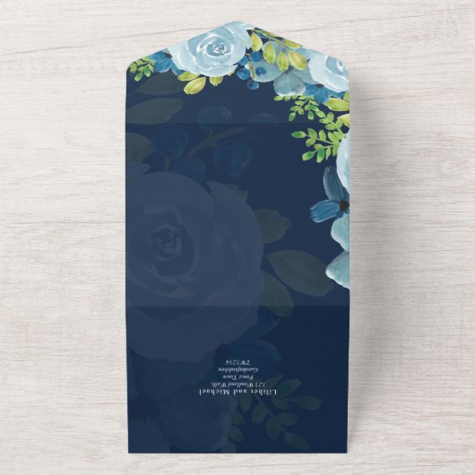 Budget Stof Blauwe Bloemen Salie Bruiloft All In One Uitnodiging (Buitenkant)