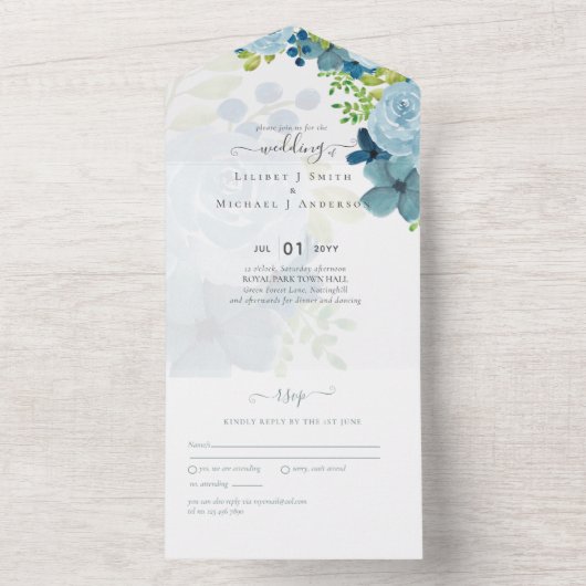 Budget Stof Blauwe Bloemen Salie Bruiloft All In One Uitnodiging (Binnen)