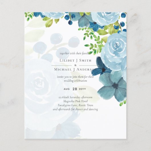 Budget Stof Blauwe Bloemen Salie Bruiloft Flyer (Voorkant)