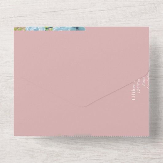 Budget Stof Blauwe Bloemen Salie Trouwdag All In One Uitnodiging (Achterkant)