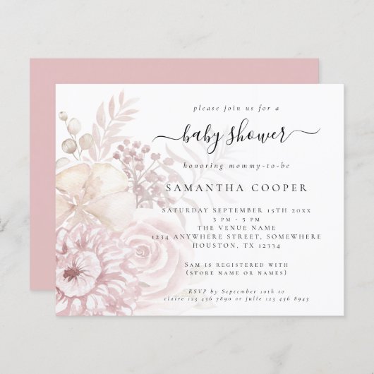 Budget Stof Roze Bloemen Baby Shower Uitnodiging (Voorkant / Achterkant)