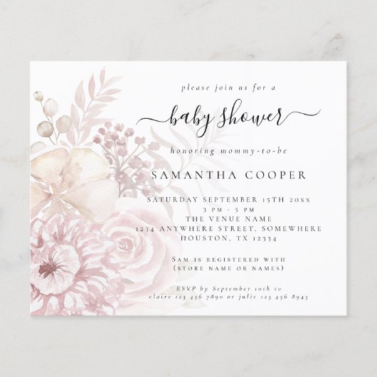 Budget Stof Roze Bloemen Baby Shower Uitnodiging (Voorkant)