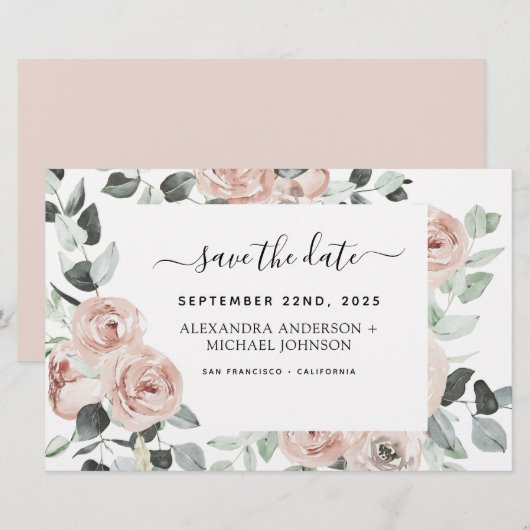 Budget Stof Roze Bloemige Save the Date Uitnodigin (Voorkant / Achterkant)