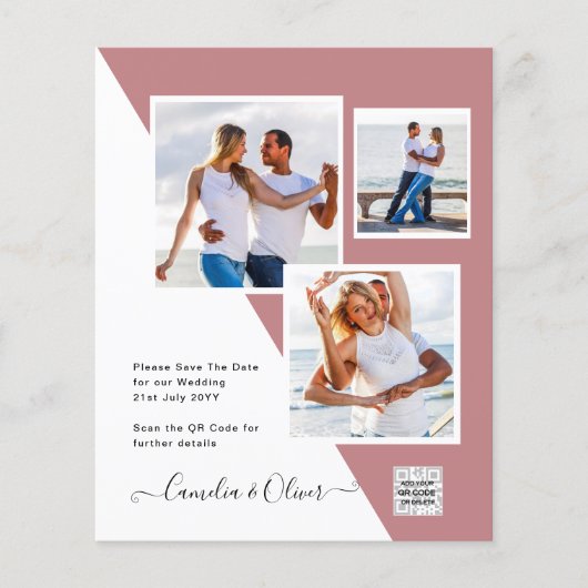 BUDGET Stof ROZE Foto Huwelijk Save Date QR Code Flyer (Voorkant)