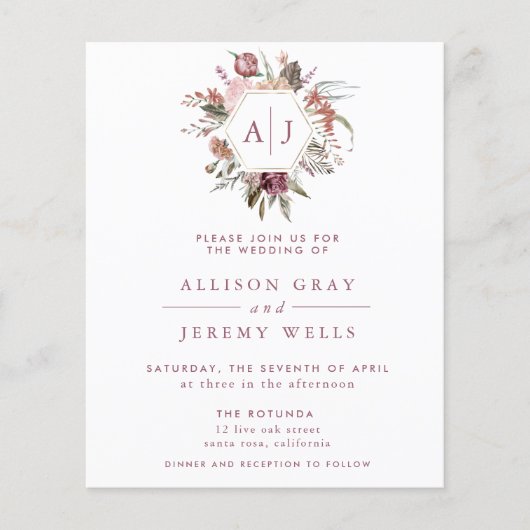 Budget Stof Roze Monogram Trouw Uitnodiging Flyer (Voorkant)