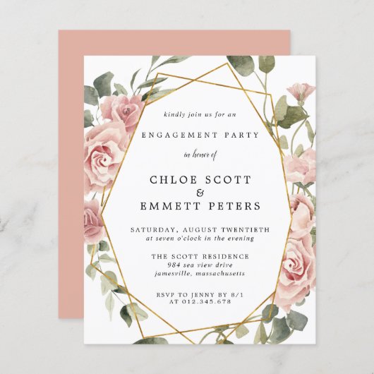 Budget Stof Roze Roos Verloving Feest Uitnodiging (Voorkant / Achterkant)
