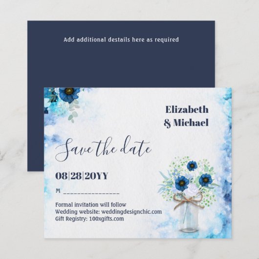 BUDGET Stofblauw bewaar data rustieke trouwdag (Voorkant / Achterkant)