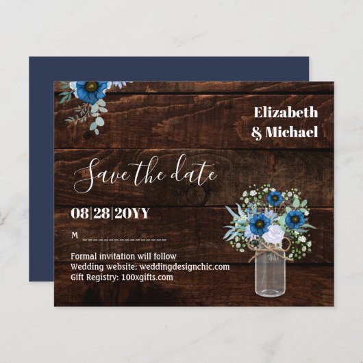 BUDGET Stofblauw bewaar data Rustieke Trouwdag (Voorkant / Achterkant)