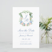 Budget Stofblauw Bloemenkroon Save the Date (Staand voorkant)