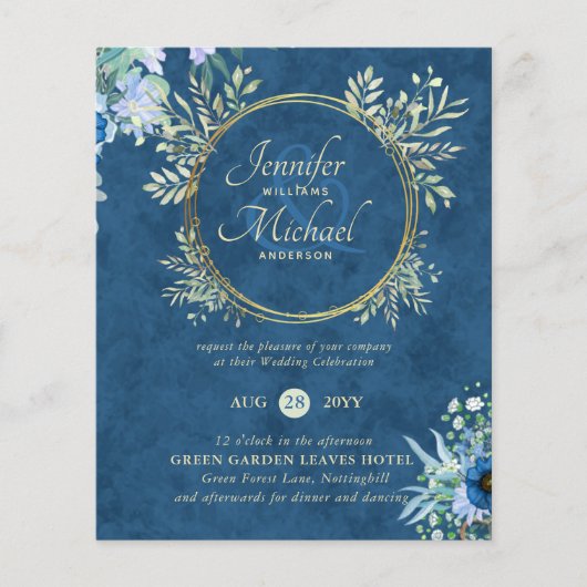 BUDGET Stofblauw Gouden Bloemen Bruiloft Uitnodigi (Voorkant)