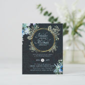 BUDGET Stofblauw gouden bloemen bruiloft uitnodigi (Staand voorkant)