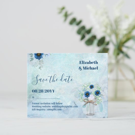 BUDGET Stofblauw Opslagdata Rustieke Bruiloft (Staand voorkant)