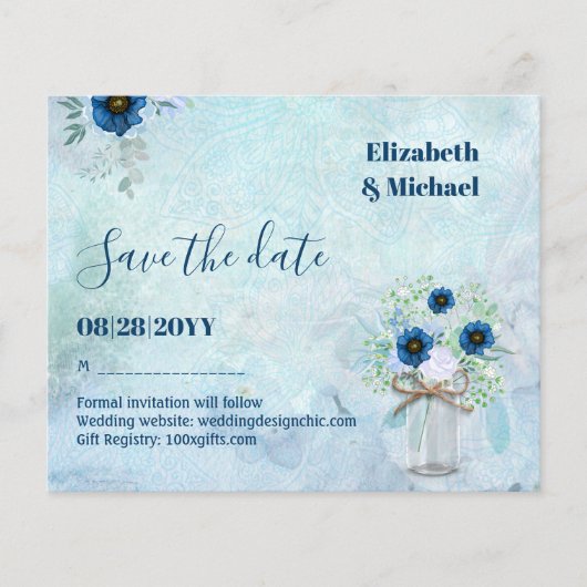 BUDGET Stofblauw Opslagdata Rustieke Bruiloft (Voorkant)