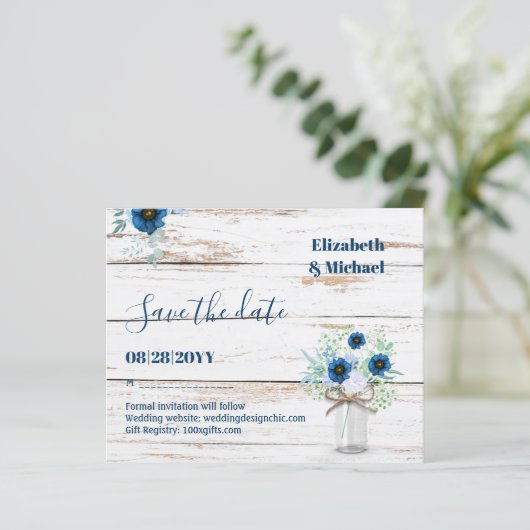 BUDGET Stofblauw Opslagdata Rustieke Bruiloft (Staand voorkant)