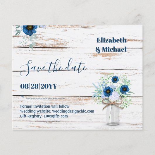 BUDGET Stofblauw Opslagdata Rustieke Bruiloft (Voorkant)