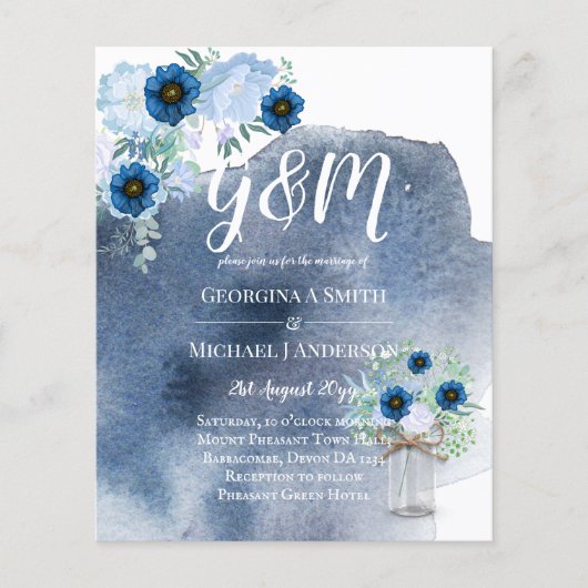 BUDGET Stofblauwe bloemen bruiloftsinvatie (Voorkant)