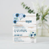 BUDGET Stofblauwe bloemige trouwuitnodigingen (Staand voorkant)