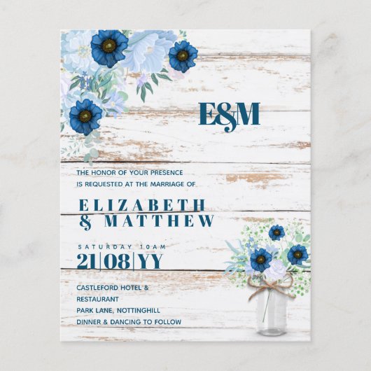 BUDGET Stofblauwe bloemige trouwuitnodigingen (Voorkant)