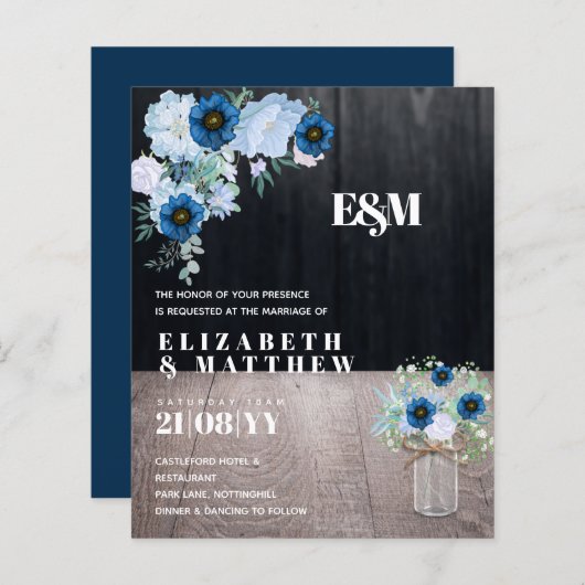 BUDGET Stofblauwe bloemige trouwuitnodigingen (Voorkant / Achterkant)