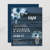 BUDGET Stofblauwe bloemige trouwuitnodigingen (Voorkant / Achterkant)