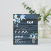 BUDGET Stofblauwe bloemige trouwuitnodigingen (Staand voorkant)