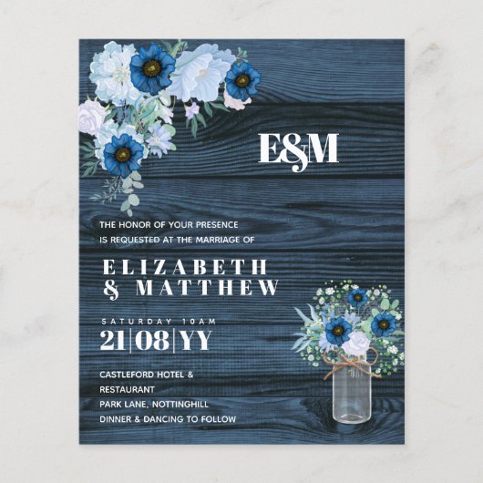 BUDGET Stofblauwe bloemige trouwuitnodigingen (Voorkant)
