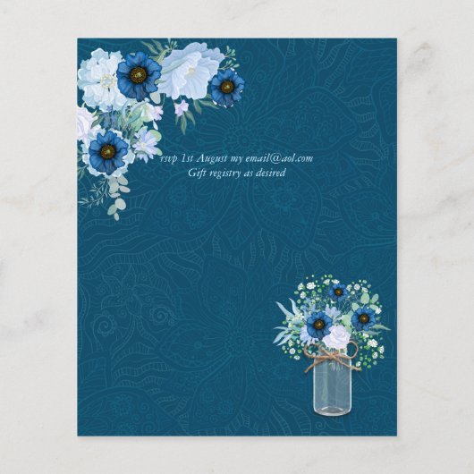 BUDGET Stofblauwe gouden bloemige trouw uitnodigin (Achterkant)