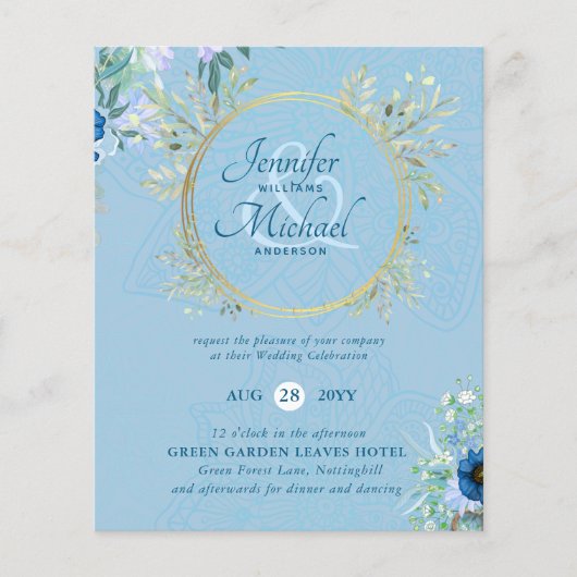 BUDGET Stofblauwe gouden bloemige trouw uitnodigin (Voorkant)