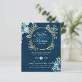 BUDGET Stofblauwe gouden bloemige trouw uitnodigin (Staand voorkant)