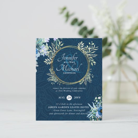 BUDGET Stofblauwe gouden bloemige trouw uitnodigin (Staand voorkant)