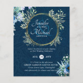 BUDGET Stofblauwe gouden bloemige trouw uitnodigin (Voorkant)