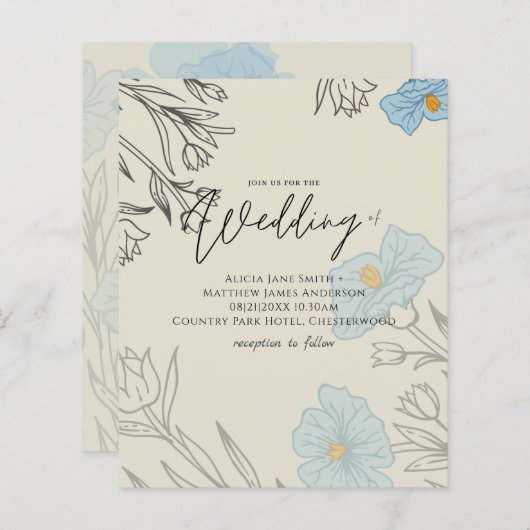 BUDGET Stofblauwe Klaproos Magnolia Trouw Uitnodig (Voorkant / Achterkant)