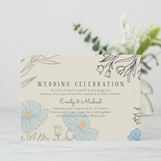 BUDGET Stofblauwe Klaproos Magnolia Trouw Uitnodig Kaart (Staand voorkant)