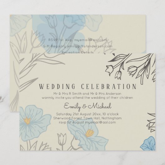 BUDGET Stofblauwe Klaproos Magnolia Trouw Uitnodig Kaart (Voorkant / Achterkant)