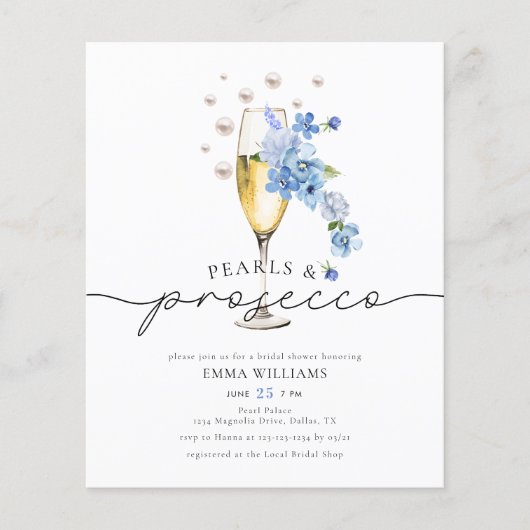 BUDGET Stofblauwe Parels & Prosecco Bruidsdiner Flyer (Voorkant)