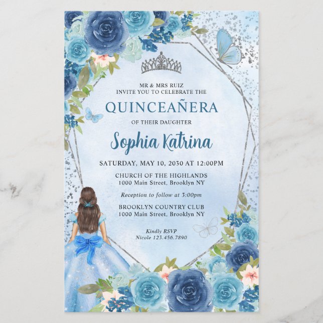 Budget Stoffig Blauw Bloemen Grijs Prinses Quincea (Voorkant)