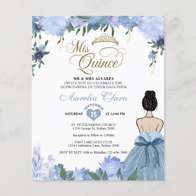 BUDGET Stoffige Blauwe Bloemen Prinses Quinceañera (Voorkant)