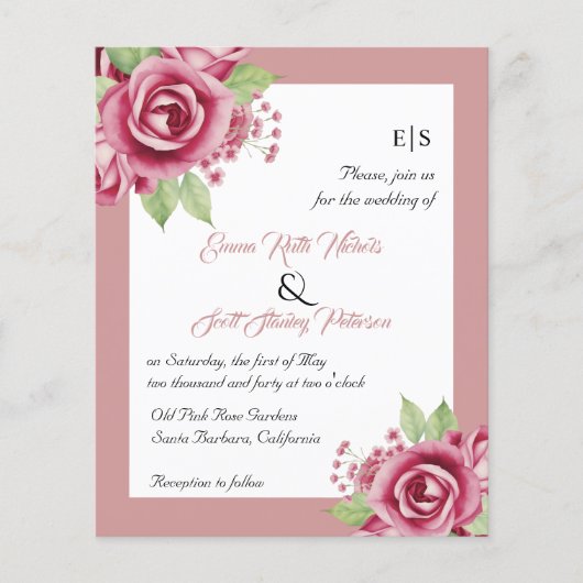 BUDGET Stoffige roze rozen QR code bruiloft uitnod (Voorkant)