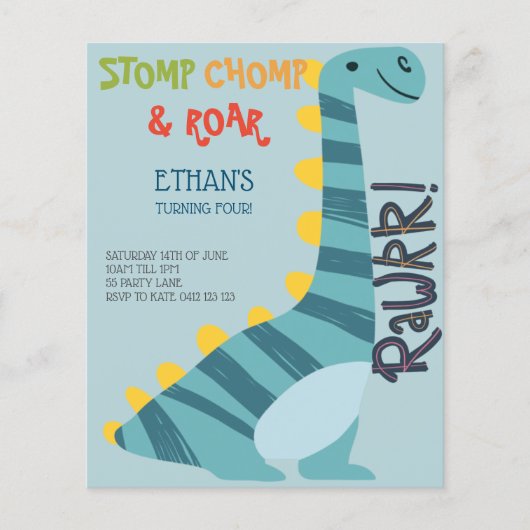Budget Stomp Chomp Roar Dinosaur Vier Uitnodiging (Voorkant)