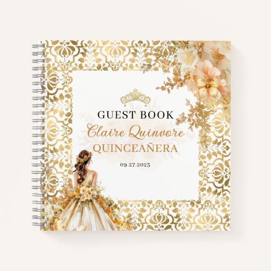 Budget Stralend Goud Bloemen Quinceanera Gastenboe Notitieboek (Voorkant)