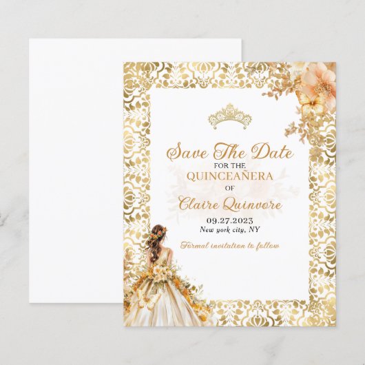 BUDGET Stralend Goud Quinceanera Save The Date (Voorkant / Achterkant)