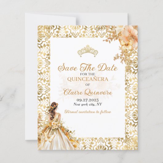 BUDGET Stralend Goud Quinceanera Save The Date (Voorkant)