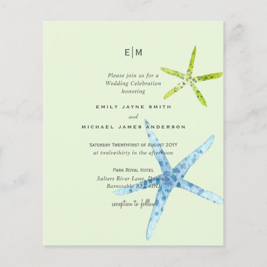 Budget Strandhuis Stijl Blauw Limo Trouw Uitnodigi (Voorkant)