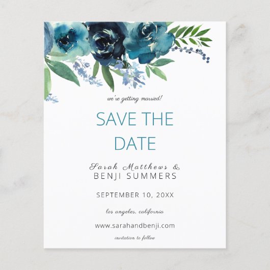 Budget Stusty Blue 2 Floral Save the Date V3 Flyer (Voorkant)