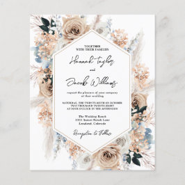 Budget Stusty Blue Beige Floral Wedding Invite