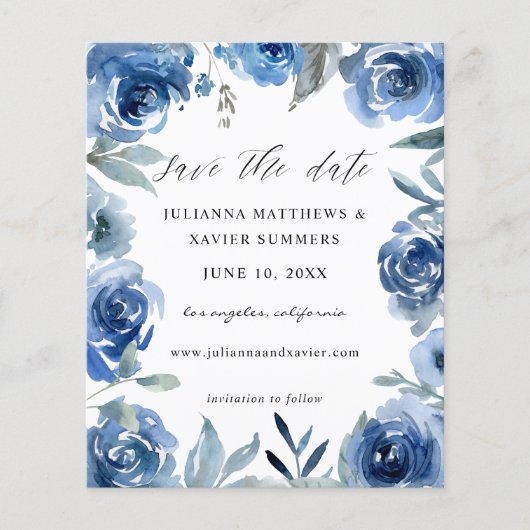 Budget Stusty Blue & Blue Floral Save the Date (Voorkant)