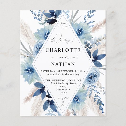 Budget Stusty Blue Boho Floral Wedding Flyer (Voorkant)